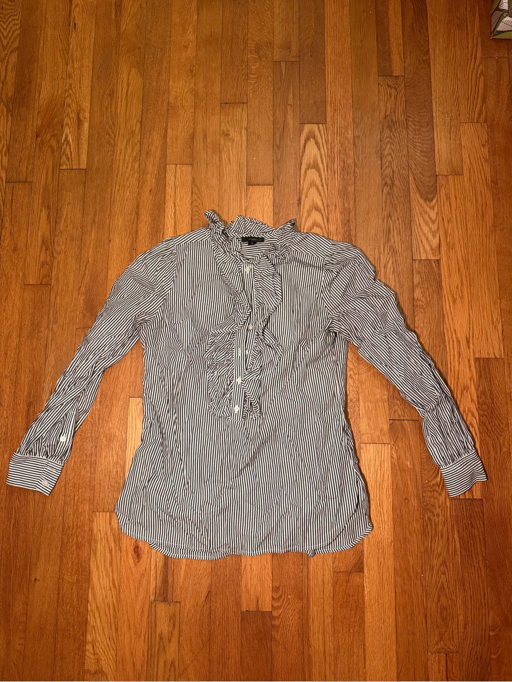 J. Crew Black & White Striped Ruffle Front Dress Shirt